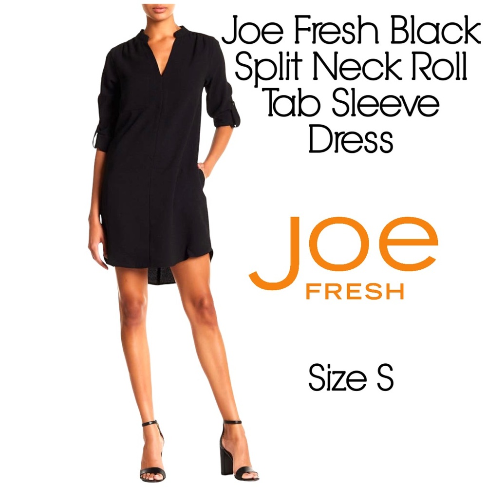 Joe Fresh Black Split Neck Roll Tab Sleeve Shirt Dress